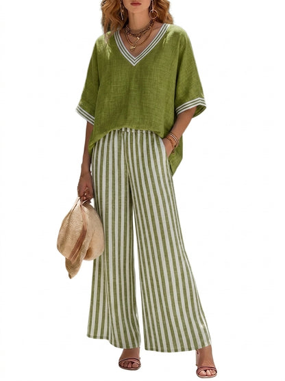 Femme - Ensemble avec haut à col en V et pantalon large à rayures | imported-image-5