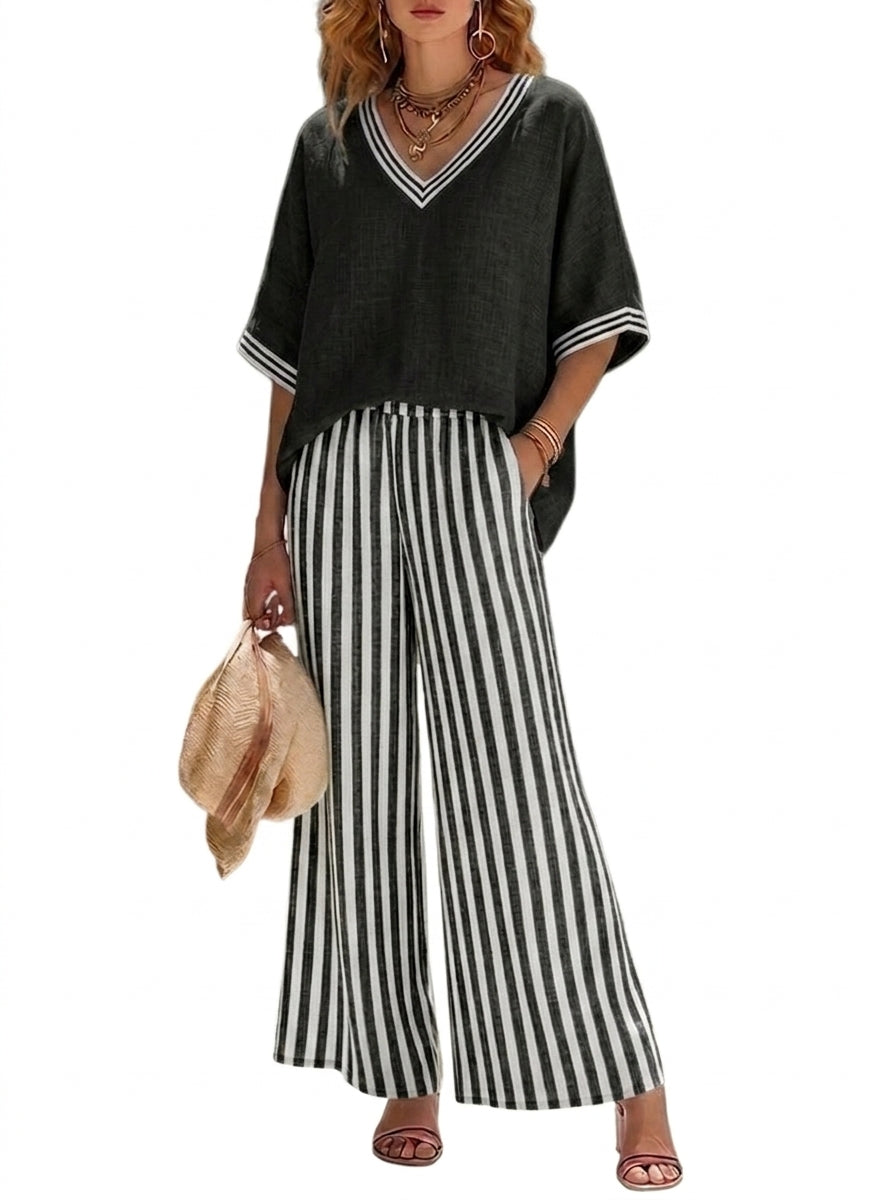 Femme - Ensemble avec haut à col en V et pantalon large à rayures | imported-image-6