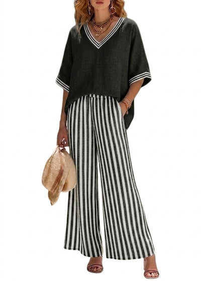 Femme - Ensemble avec haut à col en V et pantalon large à rayures | imported-image-6