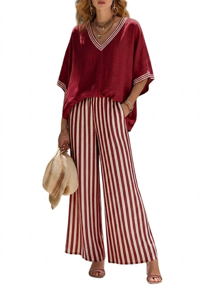 Femme - Ensemble avec haut à col en V et pantalon large à rayures | imported-image-1