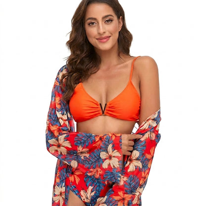 Femme Ensemble Bikini Trois Pièces avec Paréo Floral et Détail Métallique Orange