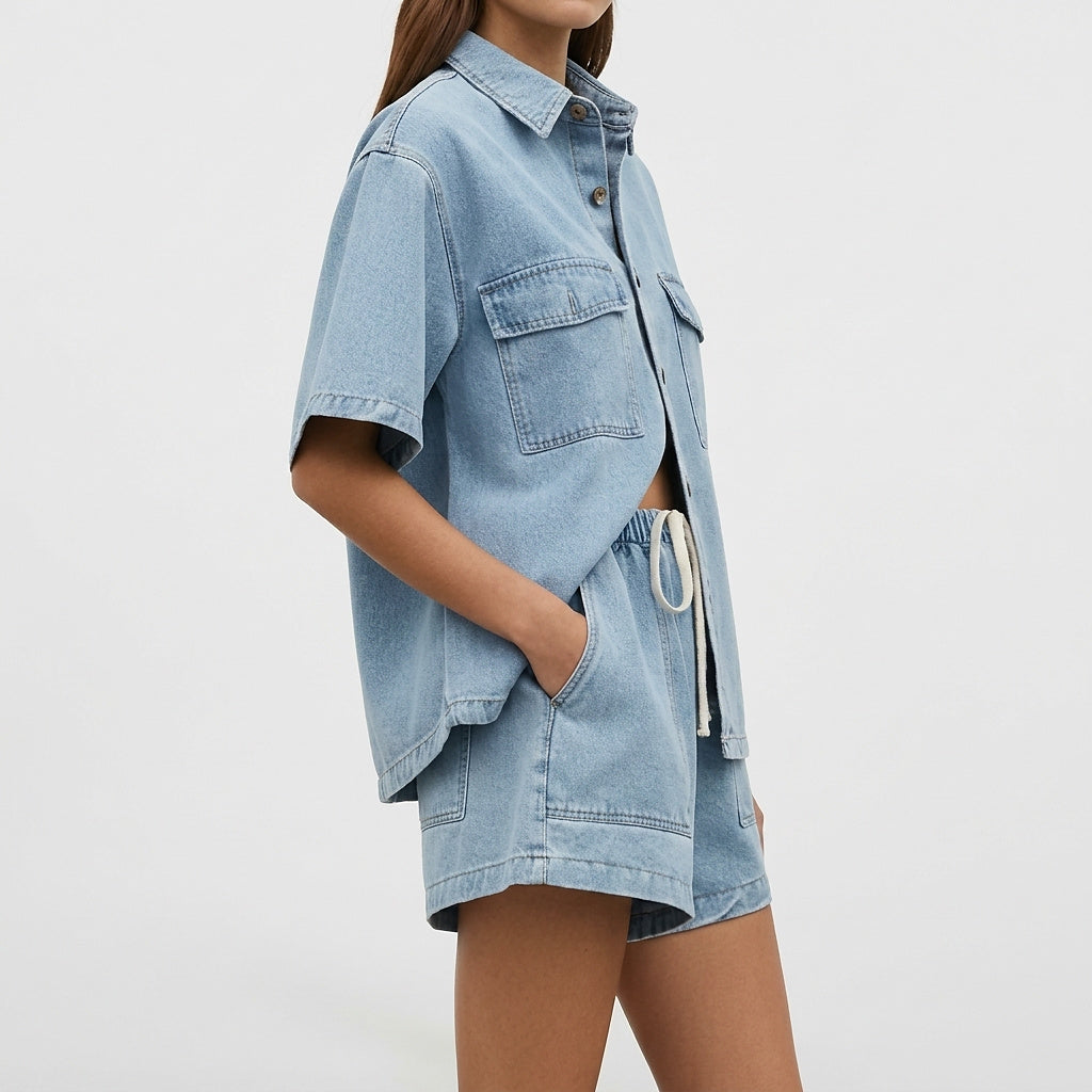 Femme Ensemble Chemise Manches Courtes et Short à Cordon 1