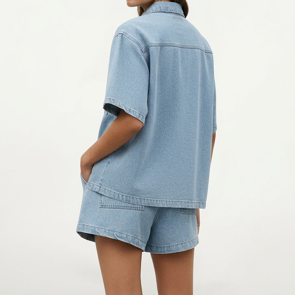 Femme Ensemble Chemise Manches Courtes et Short à Cordon 2