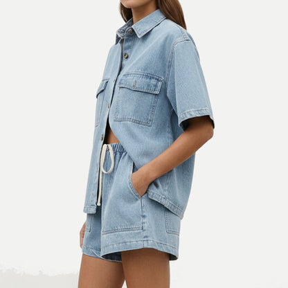 Femme Ensemble Chemise Manches Courtes et Short à Cordon 3