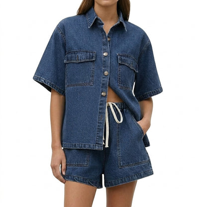 Femme Ensemble Chemise Manches Courtes et Short à Cordon Bleu