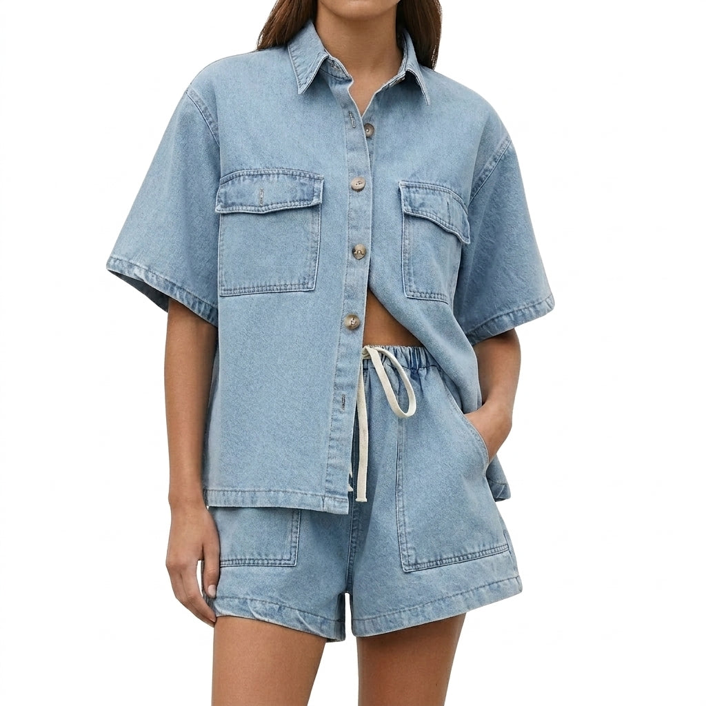 Femme Ensemble Chemise Manches Courtes et Short à Cordon Bleu Clair