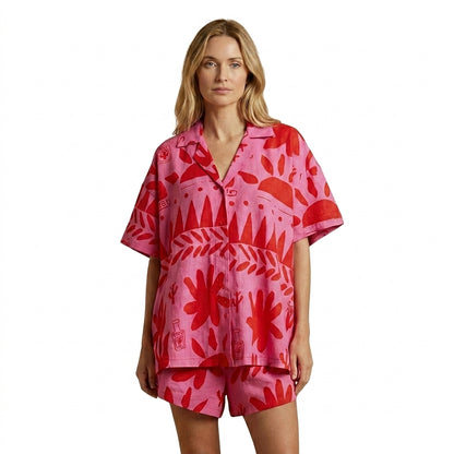 Femme Ensemble Chemise Manches Courtes et Short Imprimé Graphique Col Revers Rose