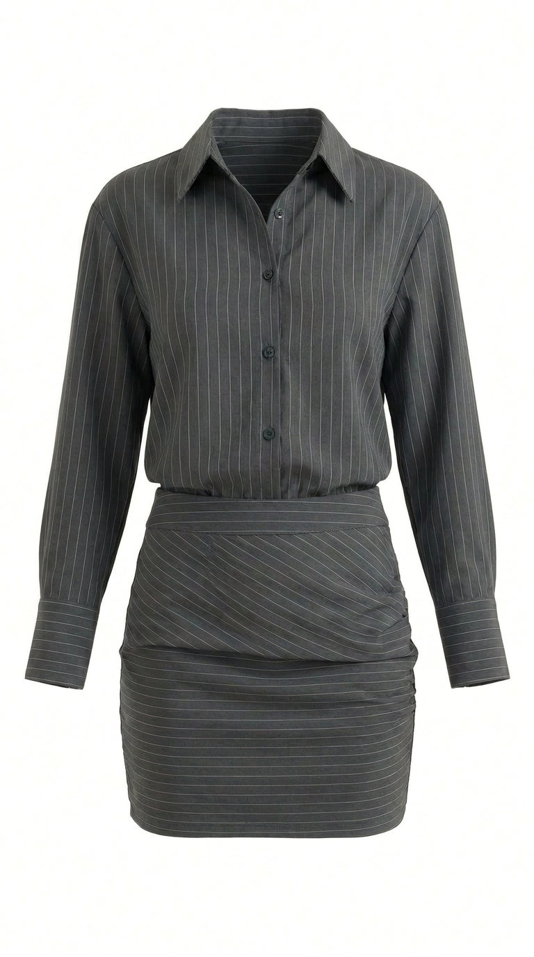 Femme Ensemble Deux Pièces Chemise à Manches Longues et Mini-Jupe à Rayures avec Fronces | imported-image-7