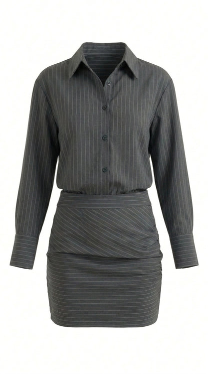 Femme Ensemble Deux Pièces Chemise à Manches Longues et Mini-Jupe à Rayures avec Fronces | imported-image-7