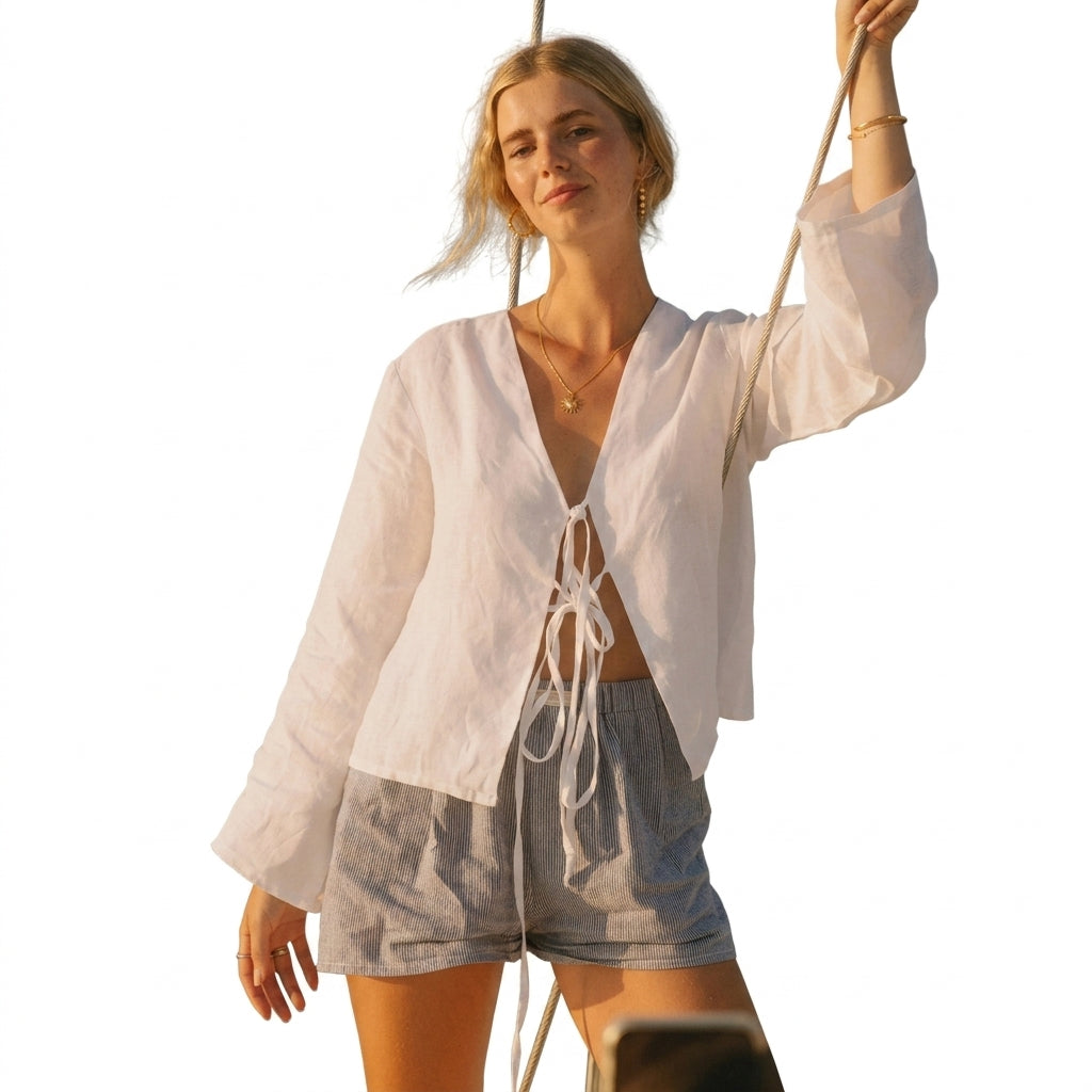 Women Crop Top Linen Cropped Front Tie Closure Design 8