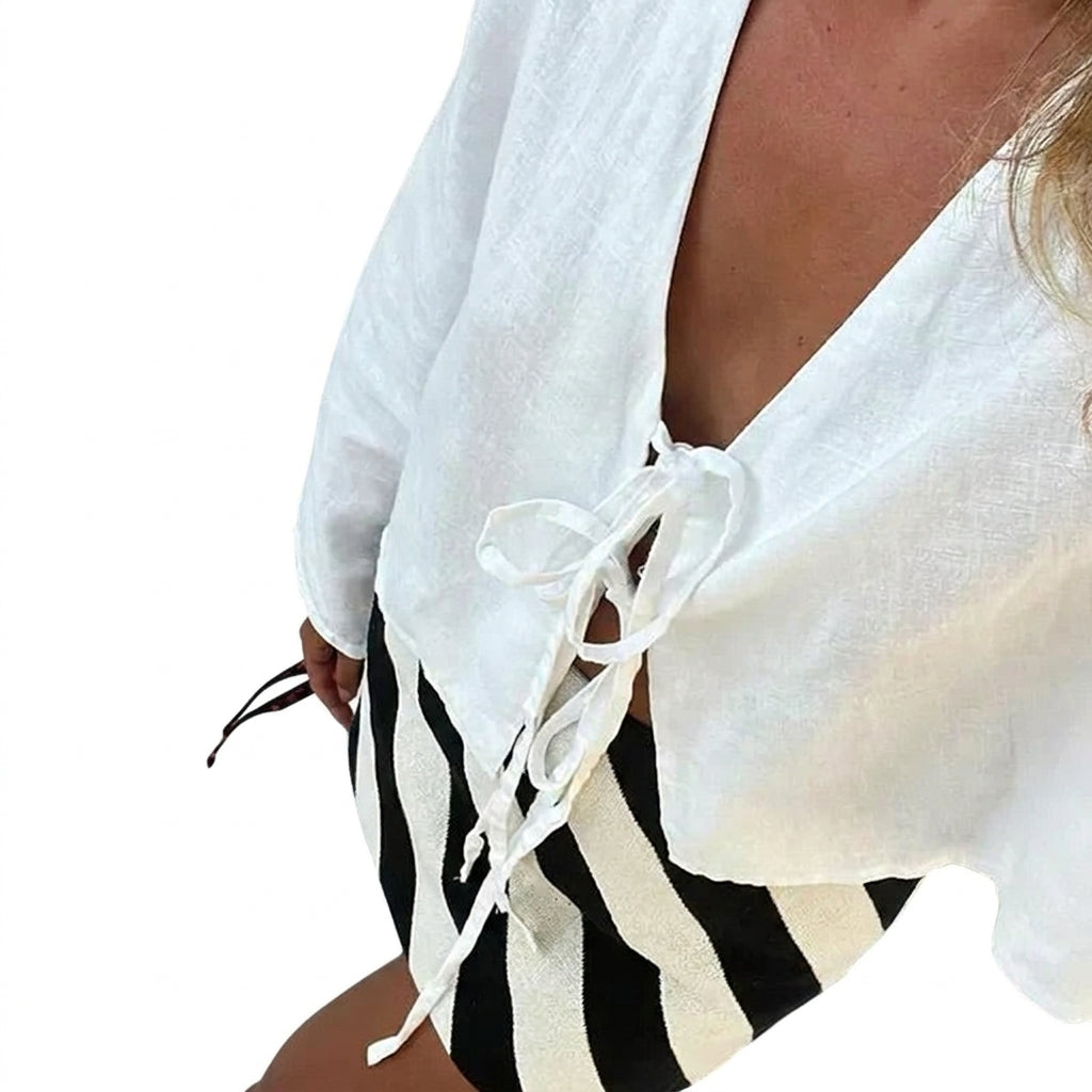 Women Crop Top Linen Cropped Front Tie Closure Design 10