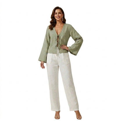 Women Crop Top Linen Cropped Front Tie Closure Design 1