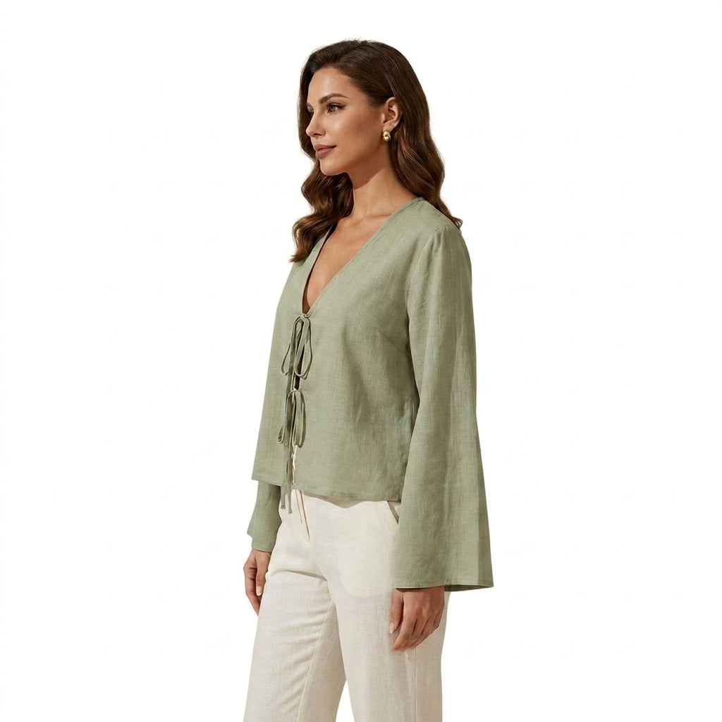 Women Crop Top Linen Cropped Front Tie Closure Design 2