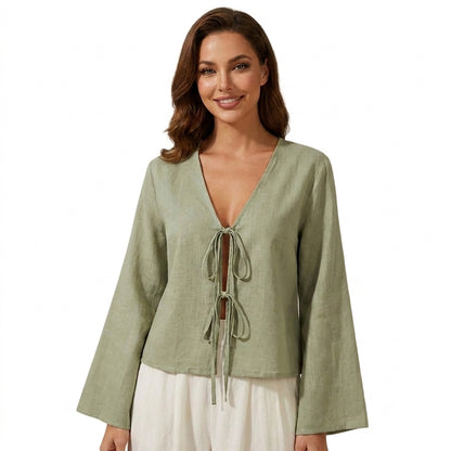 Women Crop Top Linen Cropped Front Tie Closure Design 3