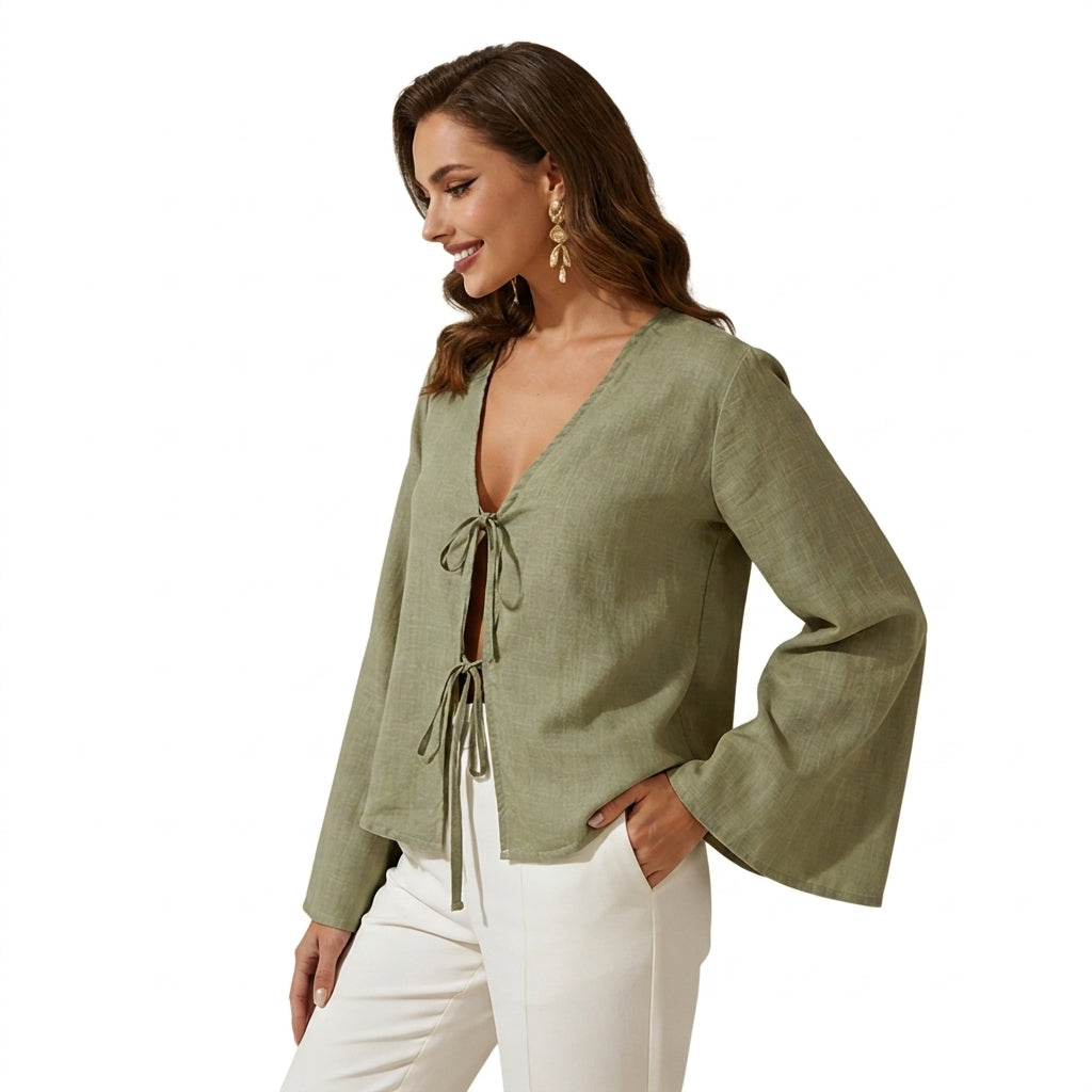 Women Crop Top Linen Cropped Front Tie Closure Design 4
