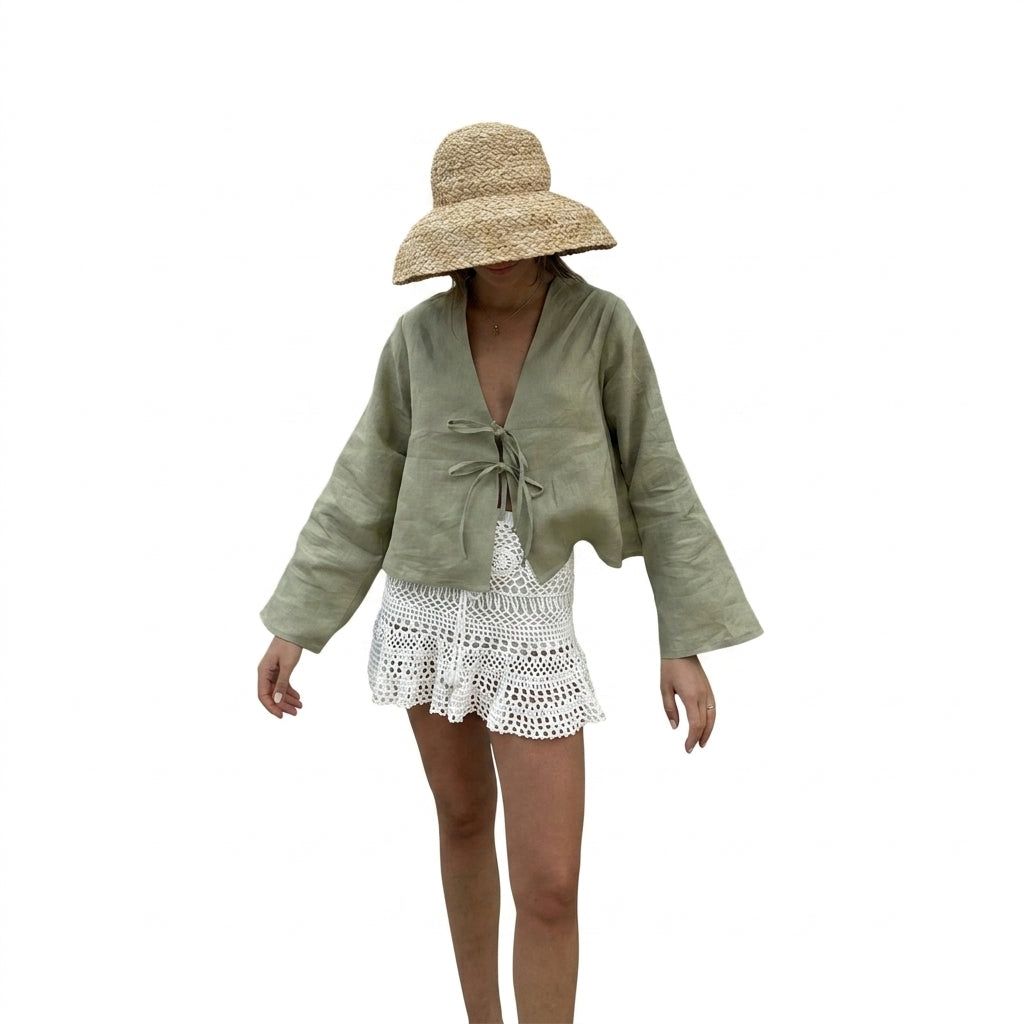 Women Crop Top Linen Cropped Front Tie Closure Design 5