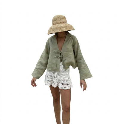 Women Crop Top Linen Cropped Front Tie Closure Design 5