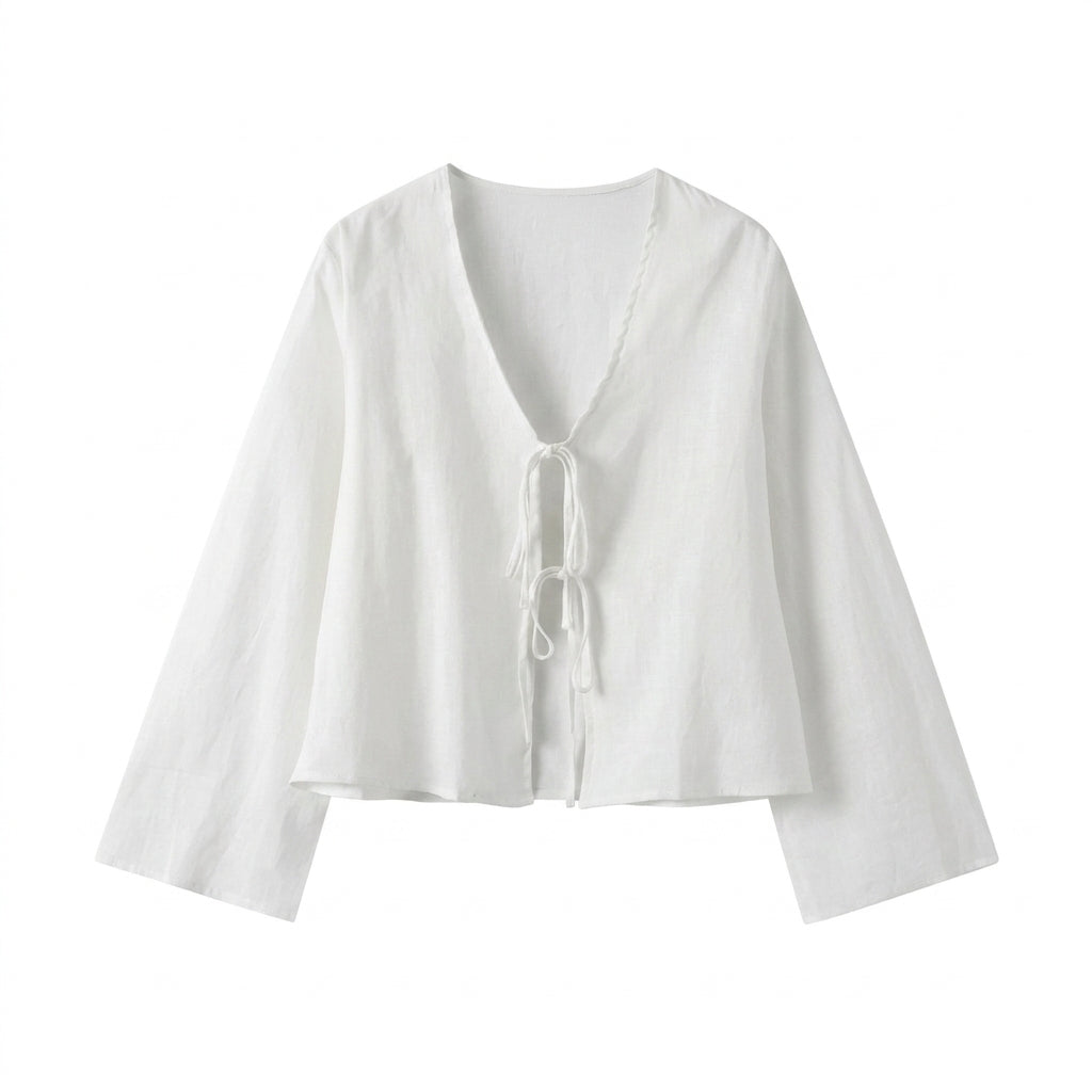 Women Crop Top Linen Cropped Front Tie Closure Design White