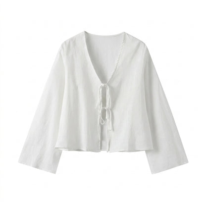 Women Crop Top Linen Cropped Front Tie Closure Design White