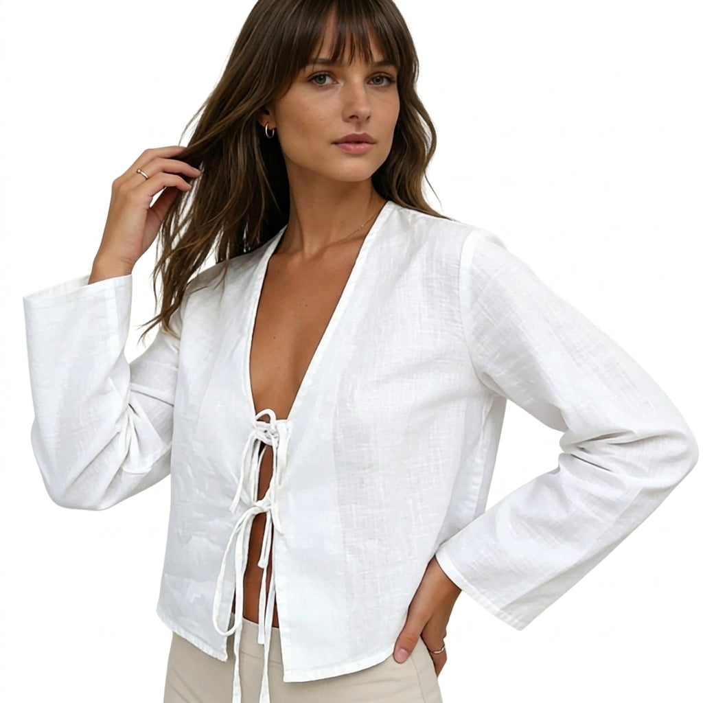 Women Crop Top Linen Cropped Front Tie Closure Design 6