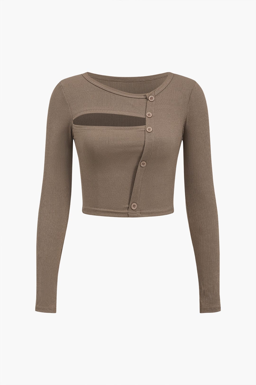 Women Long Sleeve Top Asymmetrical Cut Button Closure Brown