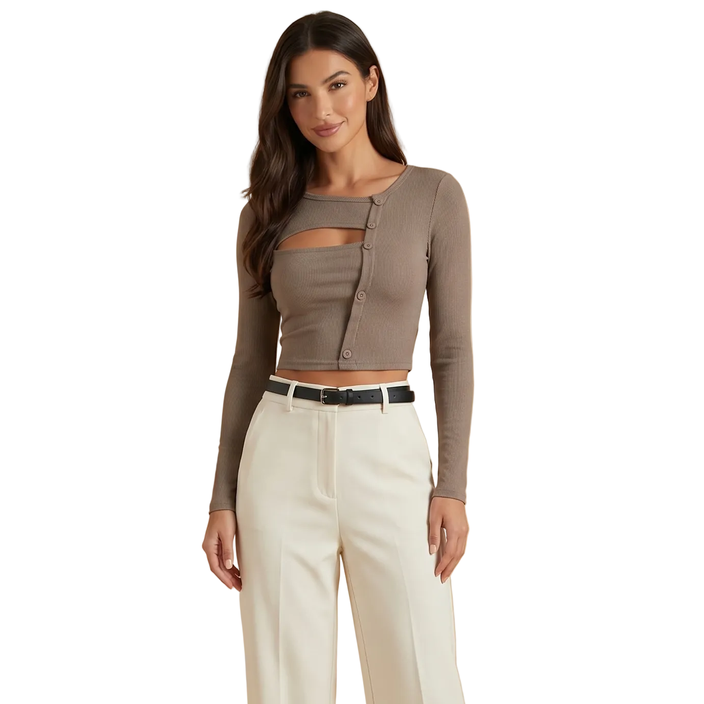 Women Long Sleeve Top Asymmetrical Cut Button Closure 1