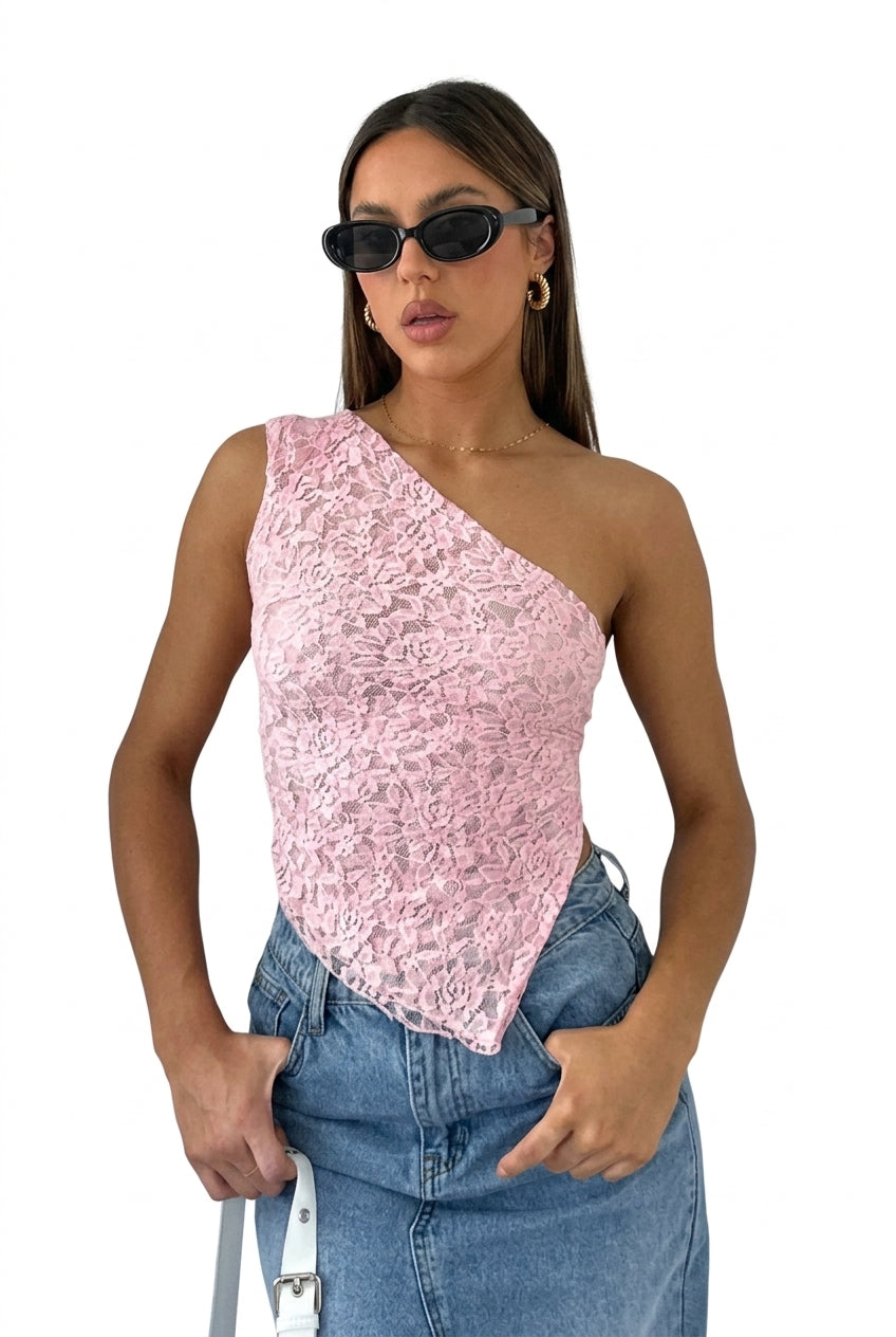 Women Top One Shoulder Asymmetrical Neckline Lace Design Pink
