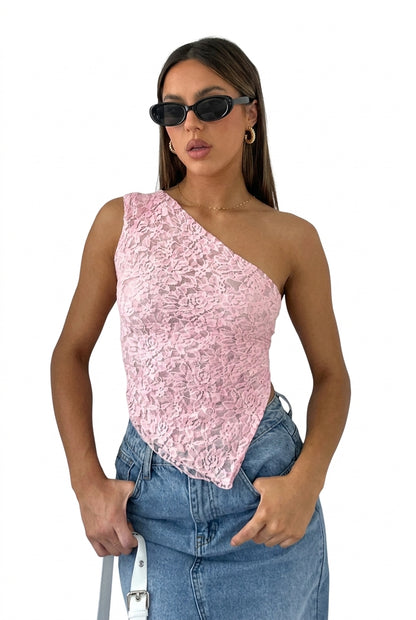 Women Top One Shoulder Asymmetrical Neckline Lace Design Pink