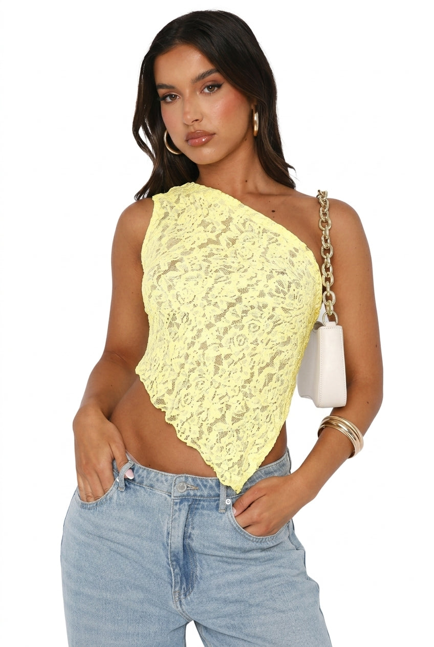 Women Top One Shoulder Asymmetrical Neckline Lace Design Yellow