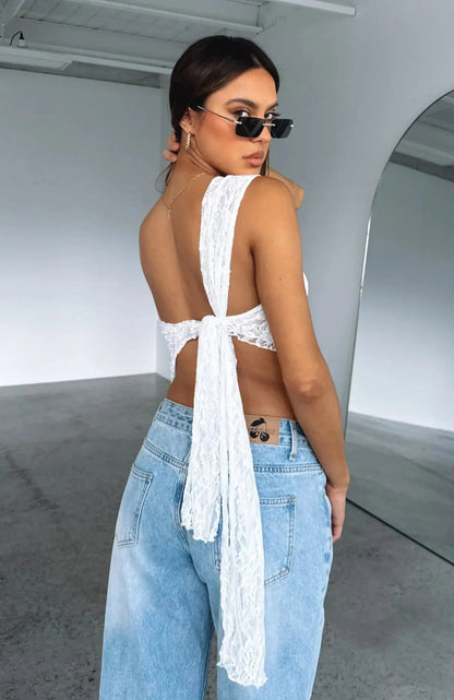 Women Top One Shoulder Asymmetrical Neckline Lace Design 2