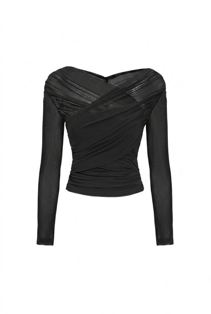 Femme Haut Court à Manches Longues en Maille avec Drapé Entrecroisé Noir
