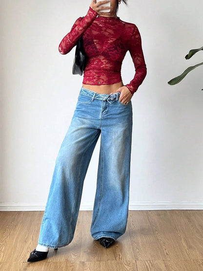 Femme Haut en dentelle à manches longues et col montant 2