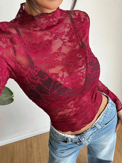 Femme Haut en dentelle à manches longues et col montant 4