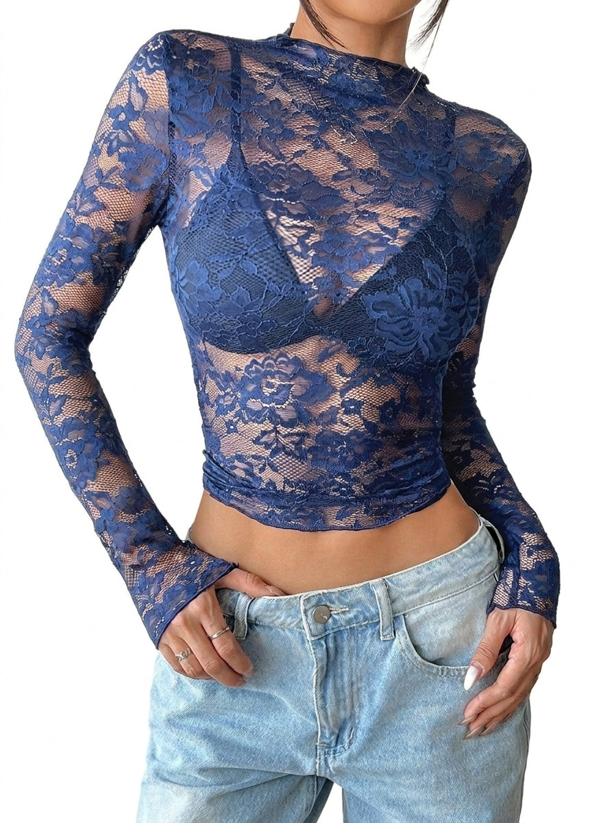 Femme Haut en dentelle à manches longues et col montant Bleu Marine