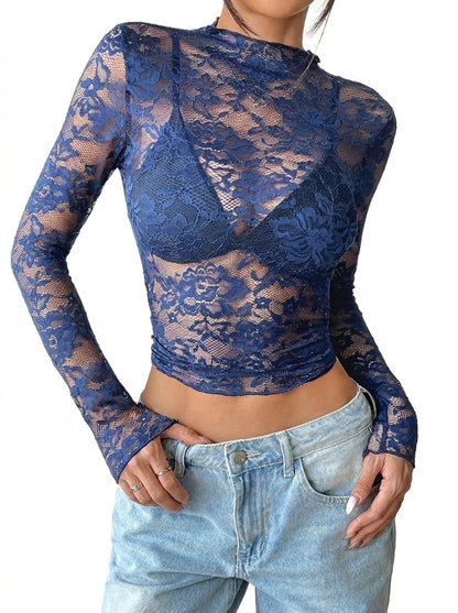 Femme Haut en dentelle à manches longues et col montant Bleu Marine
