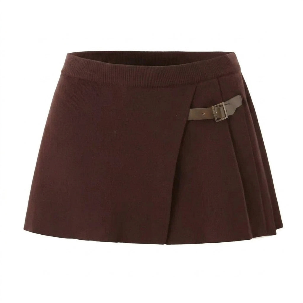 Femme, Jupe courte à taille côtelée, panneau croisé et plis latéraux avec boucle | imported-image-1
