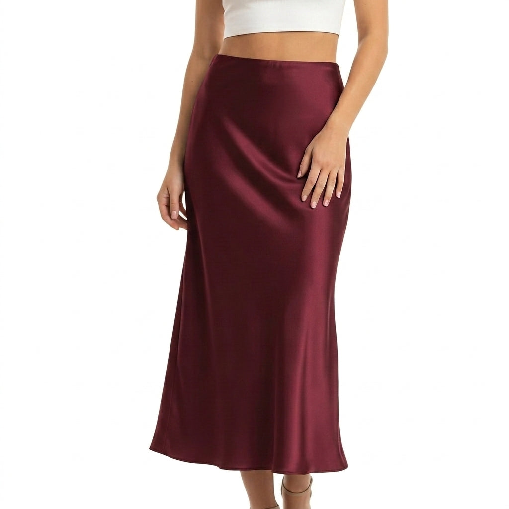 Femme Jupe Longue Taille Haute Coupe Évasée Rouge