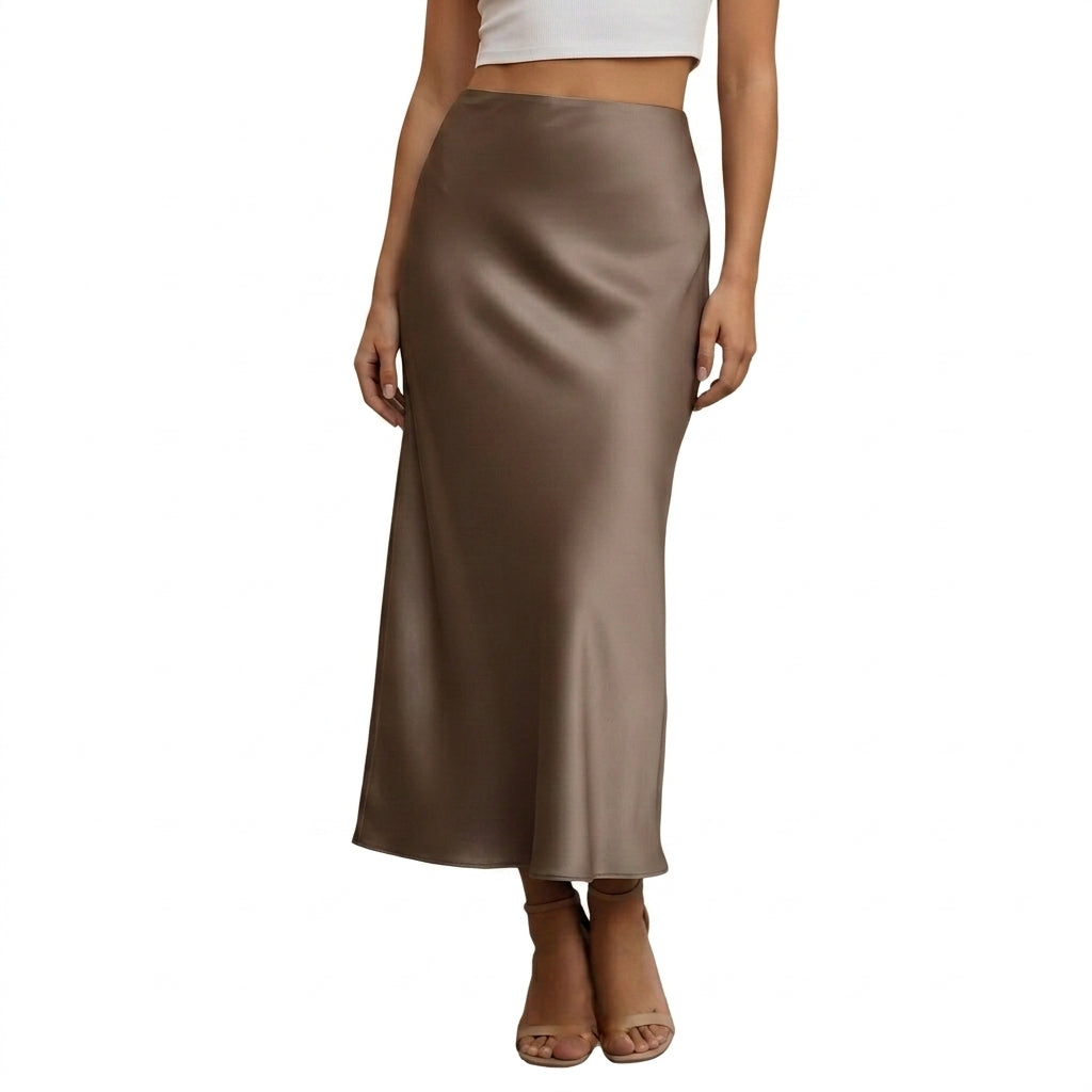 Femme Jupe Longue Taille Haute Coupe Évasée Marron