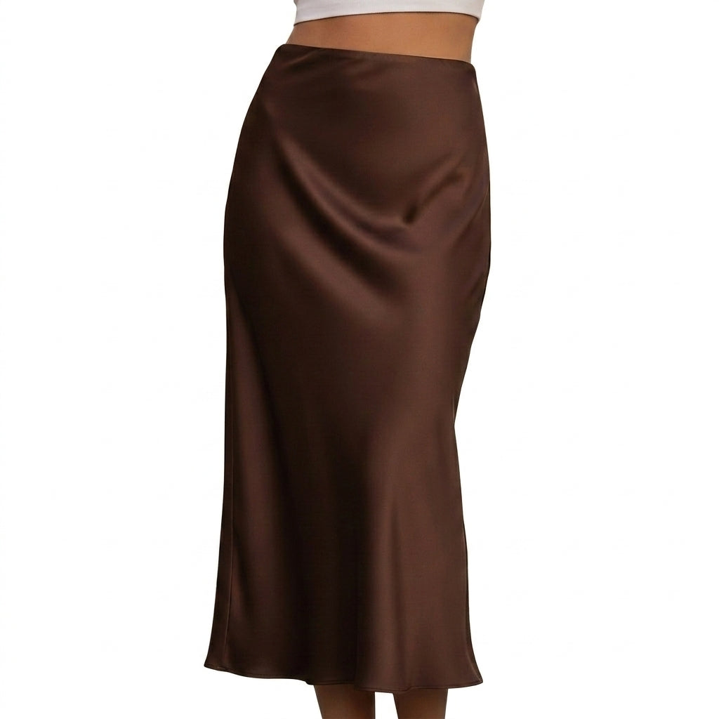 Femme Jupe Longue Taille Haute Coupe Évasée Marron Foncé