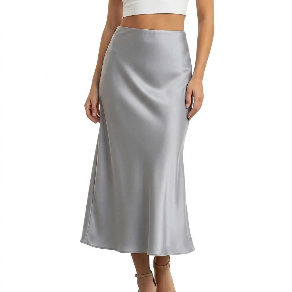 Femme Jupe Longue Taille Haute Coupe Évasée Gris