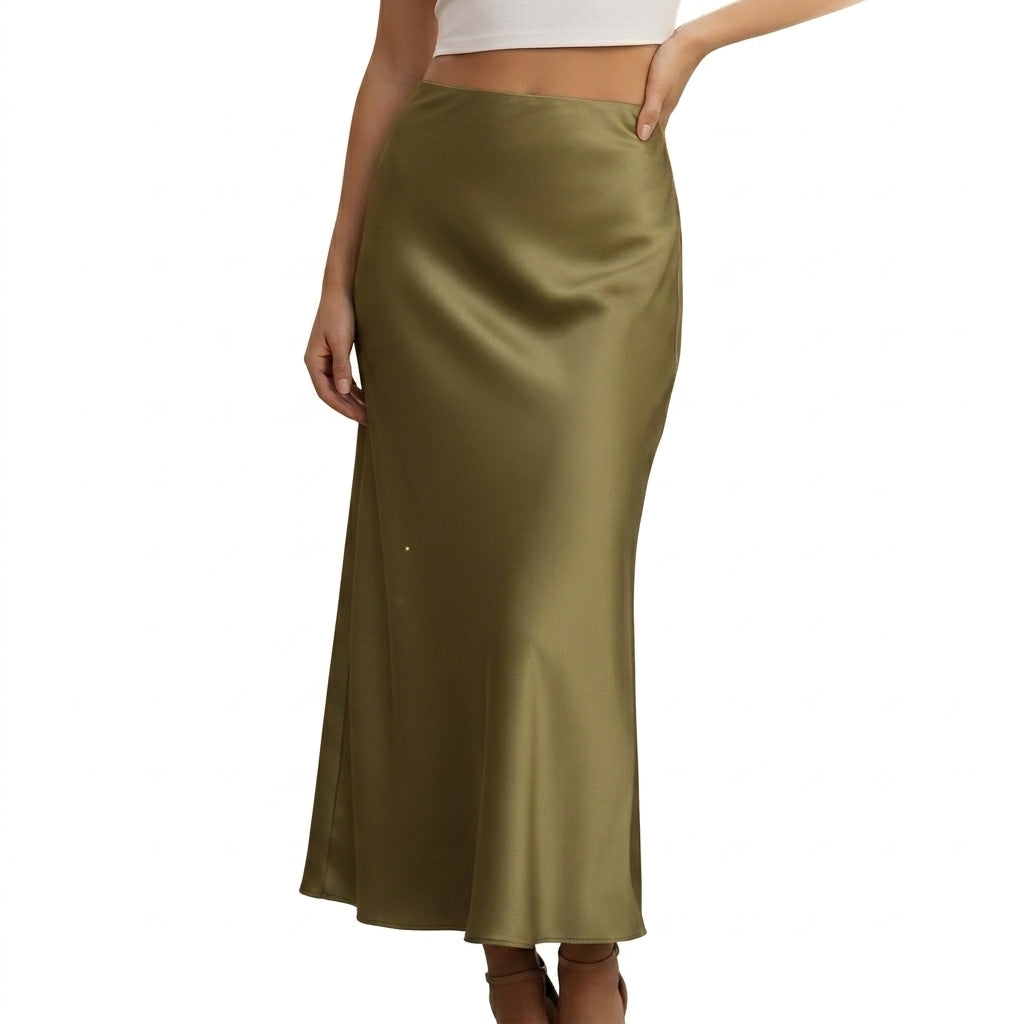 Femme Jupe Longue Taille Haute Coupe Évasée Vert Foncé