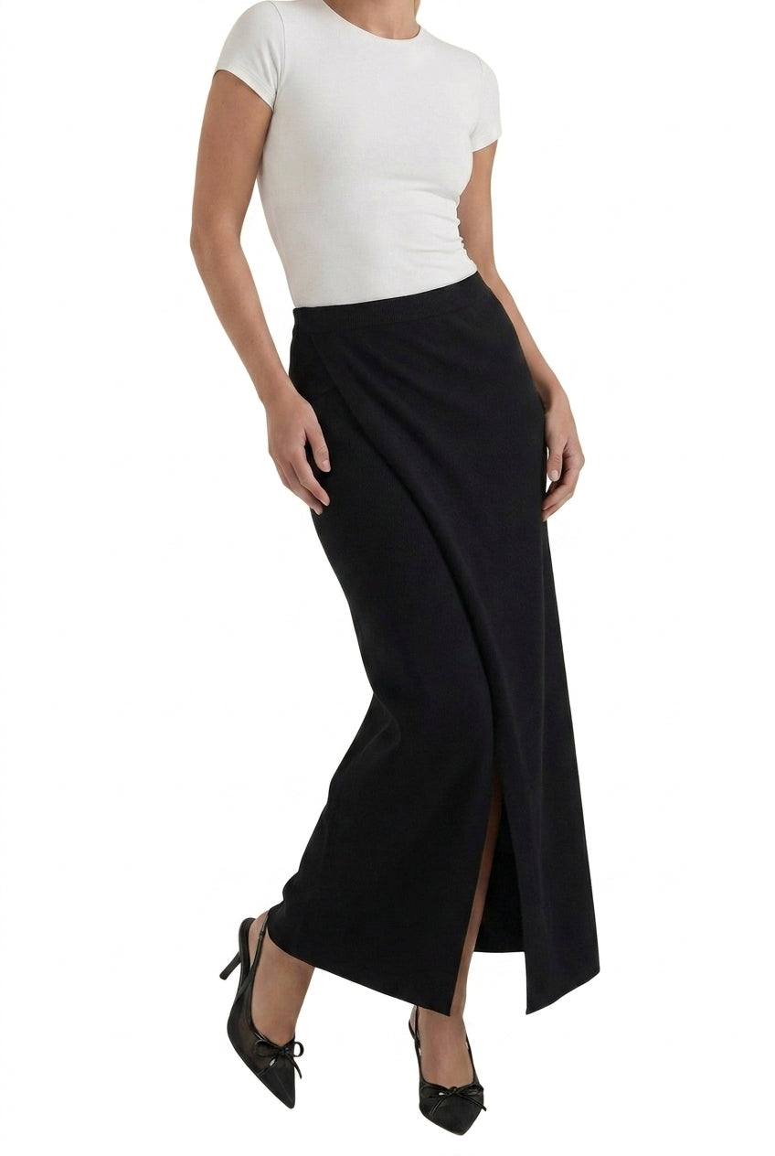 Femme Jupe Midi à Coupe Portefeuille et Fente Frontale Noir