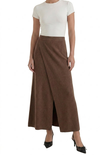 Femme Jupe Midi à Coupe Portefeuille et Fente Frontale Marron