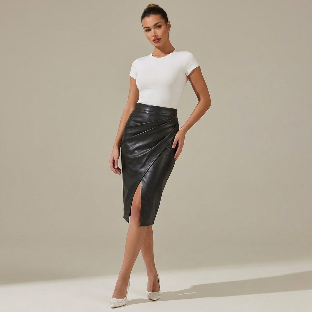 Femme Jupe midi à design drapé et fente frontale | imported-image-6