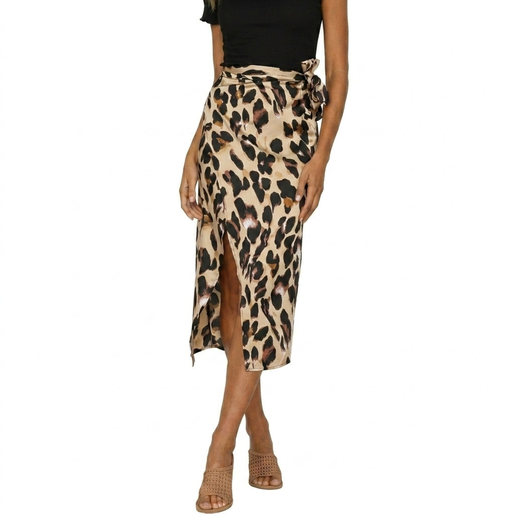 Femme Jupe Midi à Imprimé Animalier avec Fente Latérale et Taille Nouée | imported-image-1