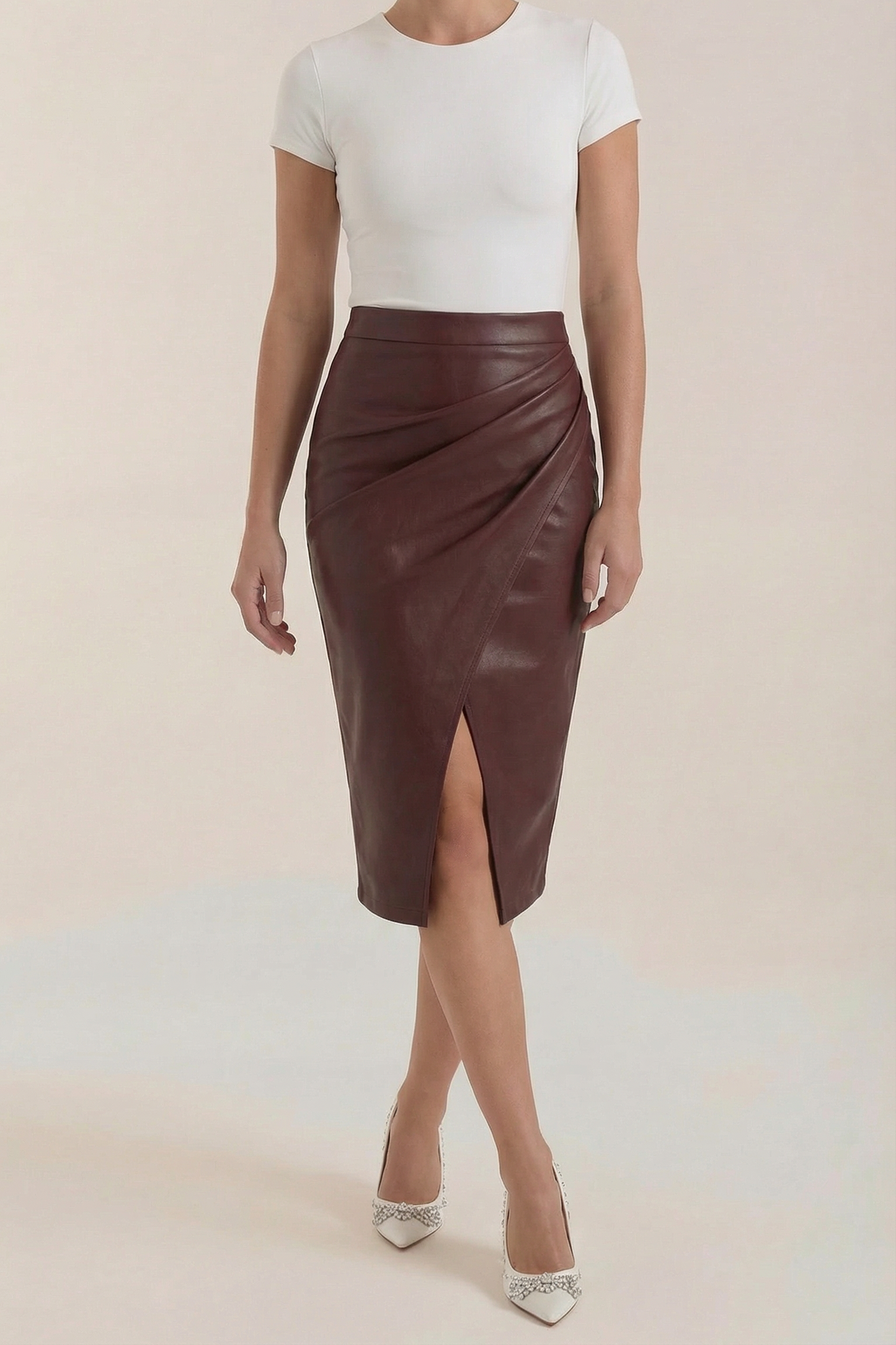 Femme Jupe midi avec drapé et fente frontale Bordeaux