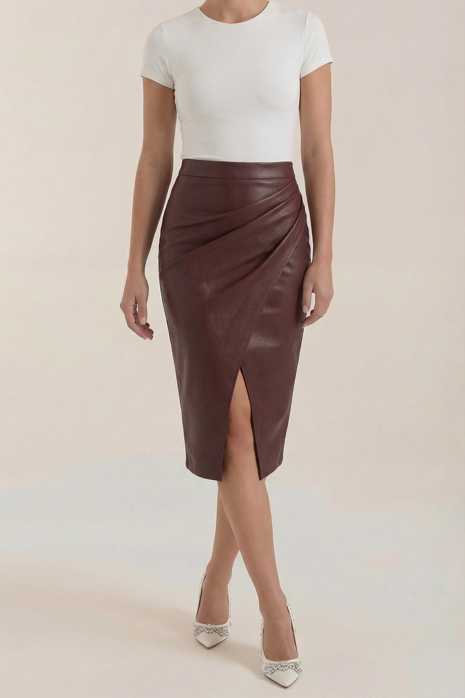 Femme Jupe midi avec drapé et fente frontale Bordeaux