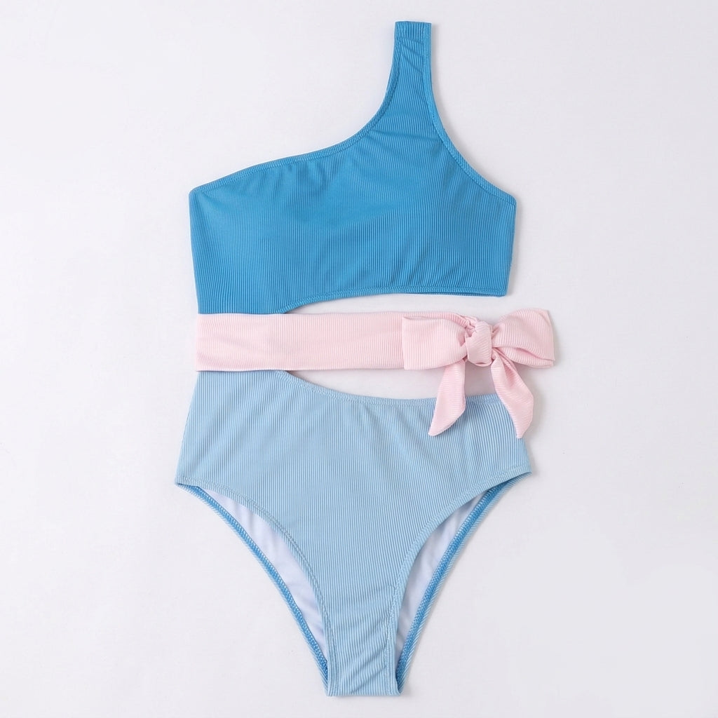 Femme Maillot de Bain Deux Pièces à Une Épaule et Texture Côtelée avec Nœud Latéral | imported-image-9