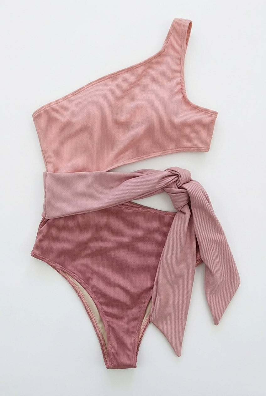 Femme Maillot de Bain Deux Pièces à Une Épaule et Texture Côtelée avec Nœud Latéral | imported-image-4