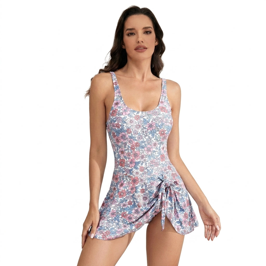 Femme Maillot de Bain Une Pièce à Imprimé Fleuri avec Jupe et Nœud Latéral | imported-image-1